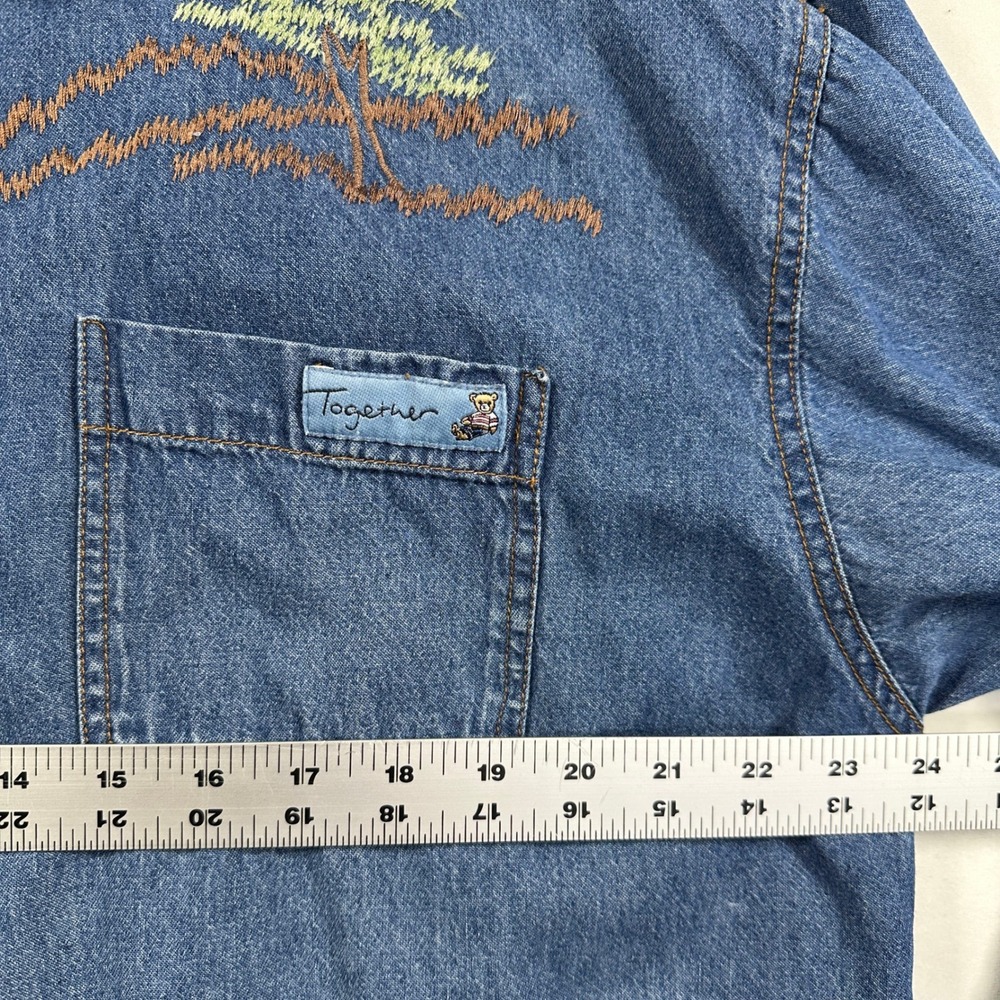 Vintage Together Chambray Embroidered Teddy Bears Shirt Sz XL Trees Button Up - Picture 8 of 11